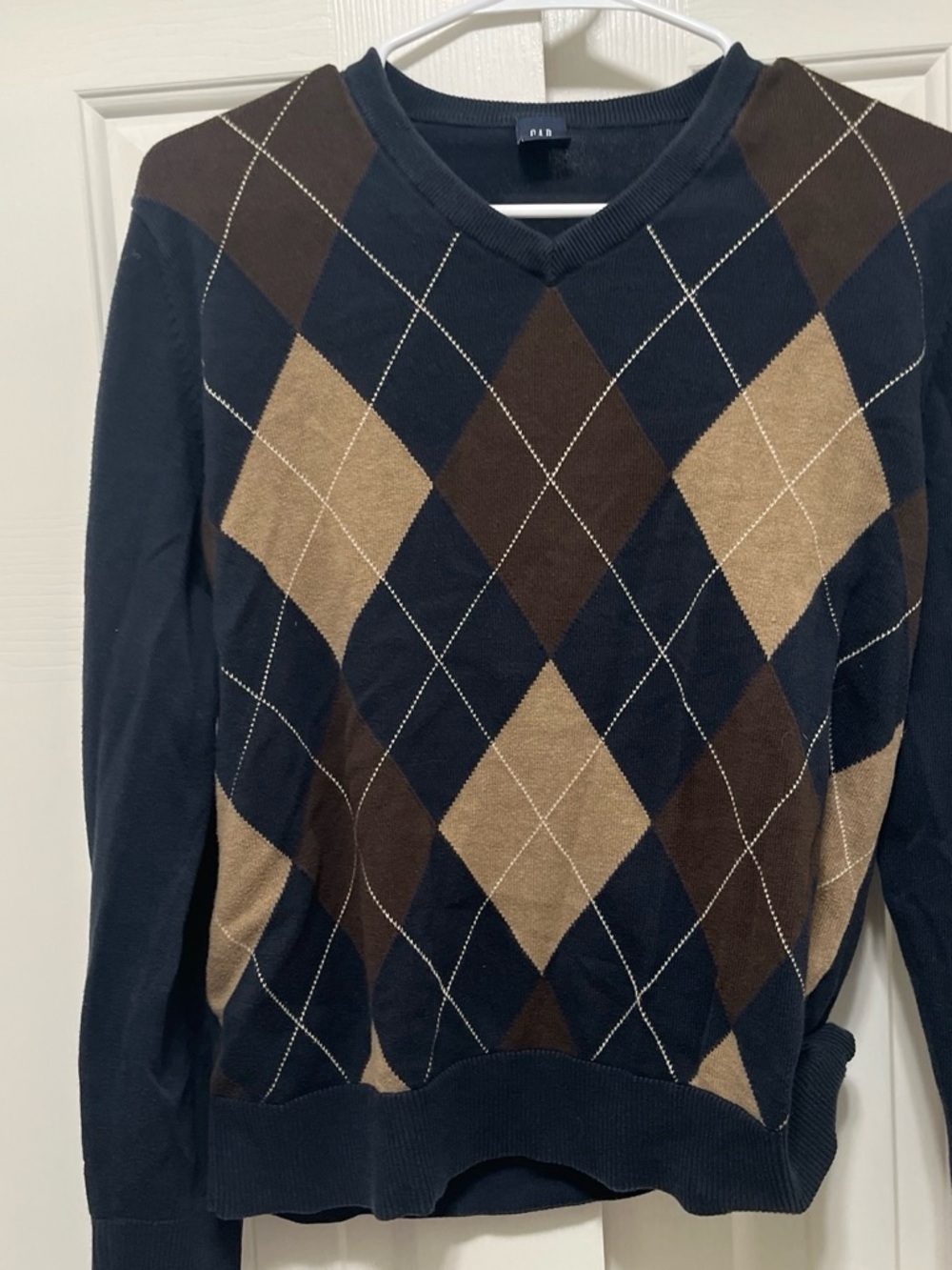 GAP Men's Argyle V-Neck Sweater - Navy, Brown, Tan